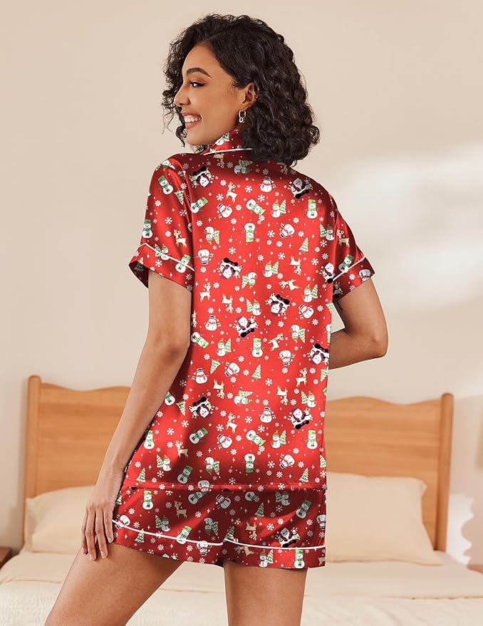 Ekouaer Silk Pajamas for Women Short Sleeve Sleepwear Soft Button Down Loungewear 2 Piece Satin Pjs Shorts Set S-XXL
