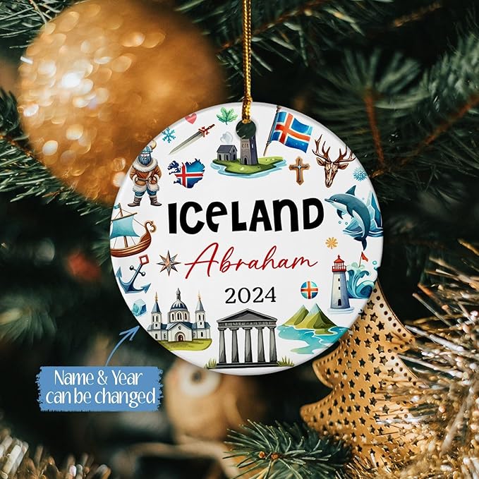 Custom Name Iceland Landmarks Ceramic Ornament, Personalized Souvenir Christmas Tree Keepsake Decor