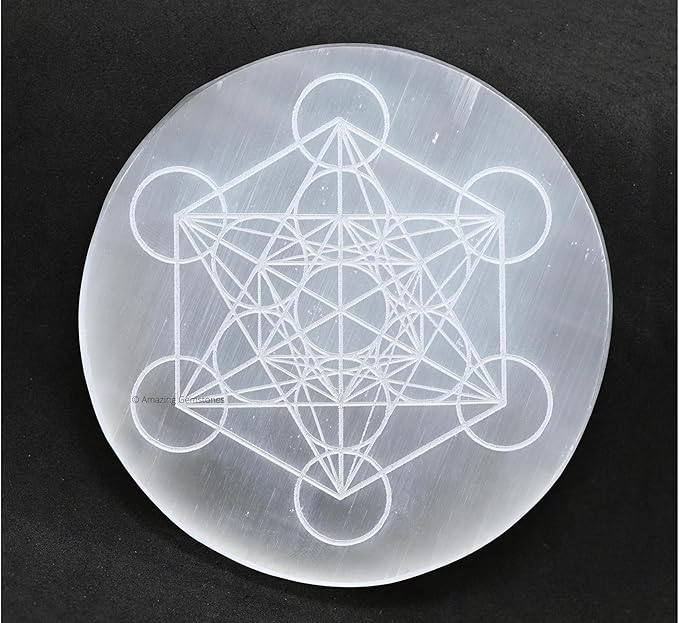 Amazing Gemstone Selenite Crystal Charging Plate For Crystals And Healing Stones, 3" Selenite Crystal Plate Engraved Metatron Coaster For Home, Office Table Decor (Selenite Round Disc)