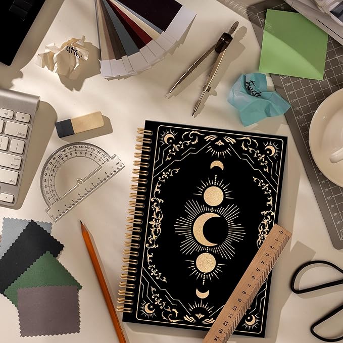 Black Witchy Moon Notebook Journal, Celestial Spiral Notebook, Moon Journal, Black and Gold MoonPhase Notebooks Gifts for Tarot Lovers Women Men, Witchy Gothic School Office Supplies, 6x8.2In