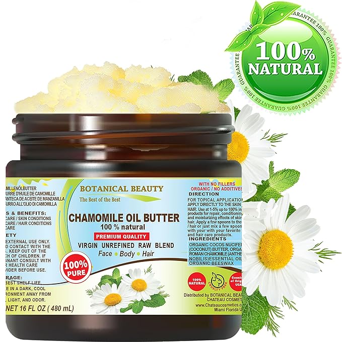 Botanical Beauty CHAMOMILE OIL BUTTER 100% Pure Natural Virgin Unrefined RAW for FACE, SKIN, BODY, DAMAGED HAIR, NAILS. Chamomile Roman Essential Oil and Coconut Oil (16 Fl Oz)