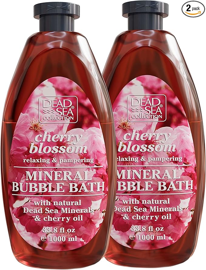 Dead Sea Collection Bubble Bath with Cherry Blossom for Women and Men – Cherry Seeds Oil and Dead Sea Salt - Nourishing and Moisturizing Skin - Pack of 2 (67.6 fl.oz)