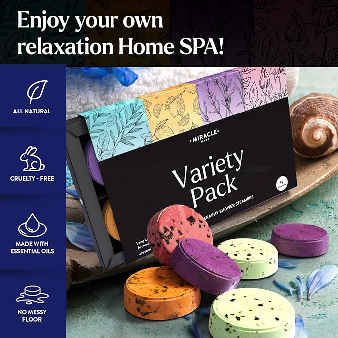 Miracle Made Variety Pack Aromatherapy Shower Steamers – Essential Oil Shower Bombs for Relaxation, Nasal Relief & Daily Self-Care – 6 Shower Melt Tablets with Dried Flowers