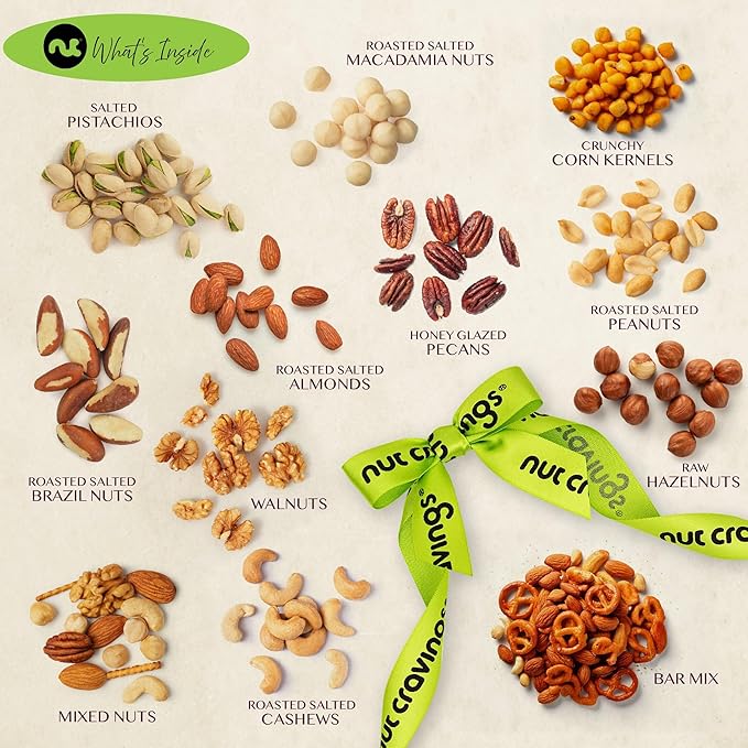 NUT CRAVINGS - Diwali Sweets Hamper Mixed Nuts Gift Basket in Reusable Diamond Wooden Tray + Green Ribbon (12 Assortments) Food Arrangement Healthy Snack Care Package