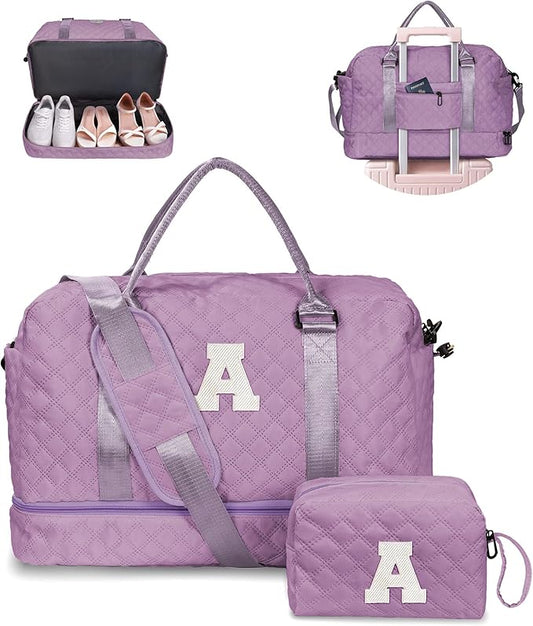 Gift for Women-Initial Teenage Girl Duffle Bag with Shoe Compartment, Personalized Weekender Bag, Monogram Overnight Bag for Kids, Letter Travel Bag with Makeup Bag, Gift for Women (Letter A)