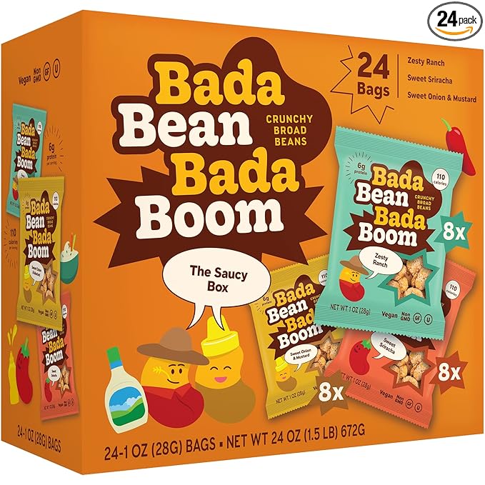 Enlightened Bada Bean Bada Boom - Plant-Based Protein, Gluten Free, Vegan, Crunchy Roasted Broad (Fava) Bean Snacks, 100 Calories per Serving, Saucy Box, 1 Oz (Pack of 24)
