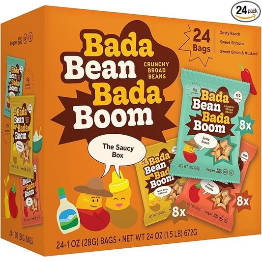 Enlightened Bada Bean Bada Boom - Plant-Based Protein, Gluten Free, Vegan, Crunchy Roasted Broad (Fava) Bean Snacks, 100 Calories per Serving, Saucy Box, 1 Oz (Pack of 24)