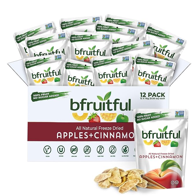 bfruitful Freeze-Dried Apple + Cinnamon, Freeze Dried Fresh Fruit Bites, Gluten Free, Vegan, Dairy Free, Kosher, No Sugar Added, Non GMO, Healthy Snacks, 0.56 oz Single-Serve Snack Packets, 12 Pack