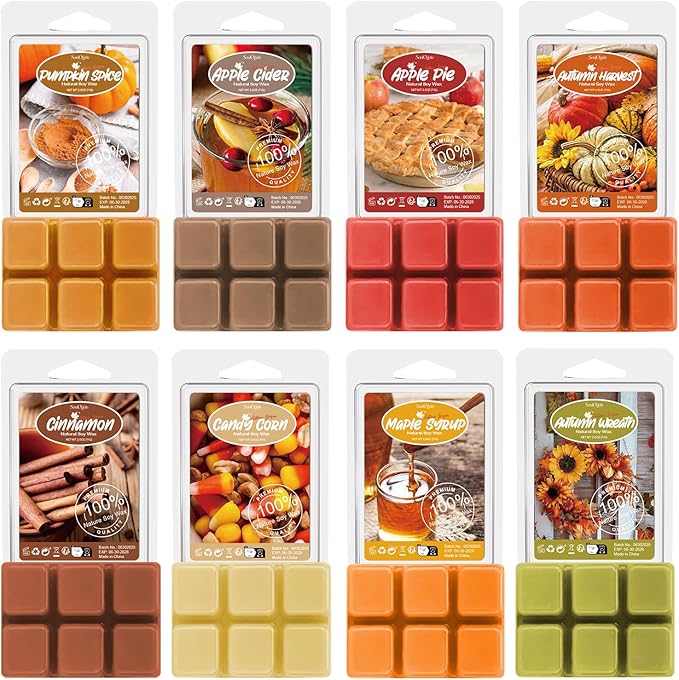 Autumn Scented Wax Melts, Scented Soy Wax Cubes Gift Set for Wax Warmer-Pumpkin Spice, Apple Cider, Apple Pie, Autumn Harvest, Cinnamon, Maple Syrup, Candy Corn, and Autumn Wreath, 8x2.5oz