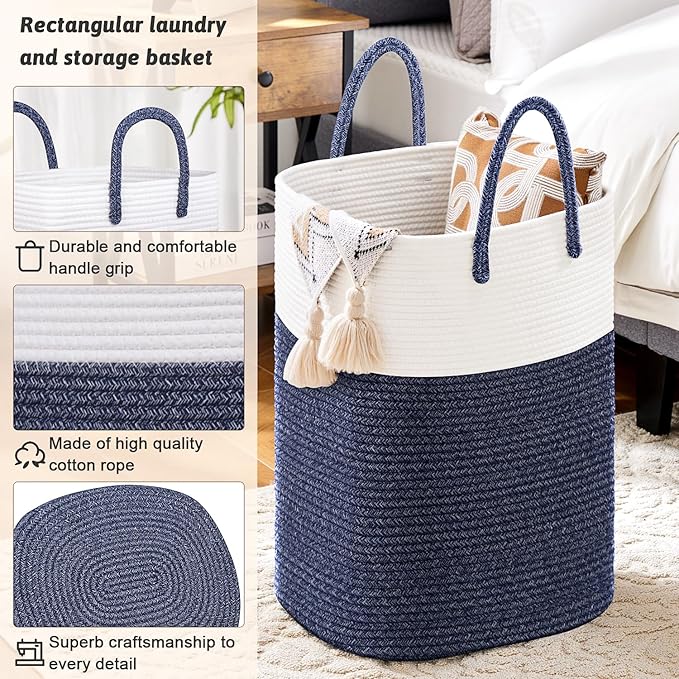 Laundry Basket,Woven Cotton Rope Laundry Hamper,Versatile Storage for Dirty Clothes,Baby Toys,and Blankets in Bathroom, Nursery,and Living Room (Blue, 40L)