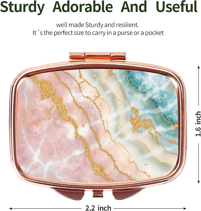 Dynippy Pill Case Pill Box with Mirror Retro Pocket 2 Compartment Medicine Case Vitamin Pill Organizer for Pocket Purse and Travel - Rose Gold-Marble Veins