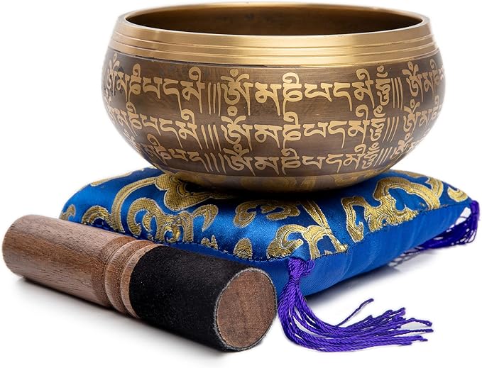 Tibetan Singing Bowl Set - Easy To Play Authentic Handcrafted For Meditation Sound Bowl Chakra Yoga Healing 4 Inches By Himalayan Bazaar (Brown & Blue)