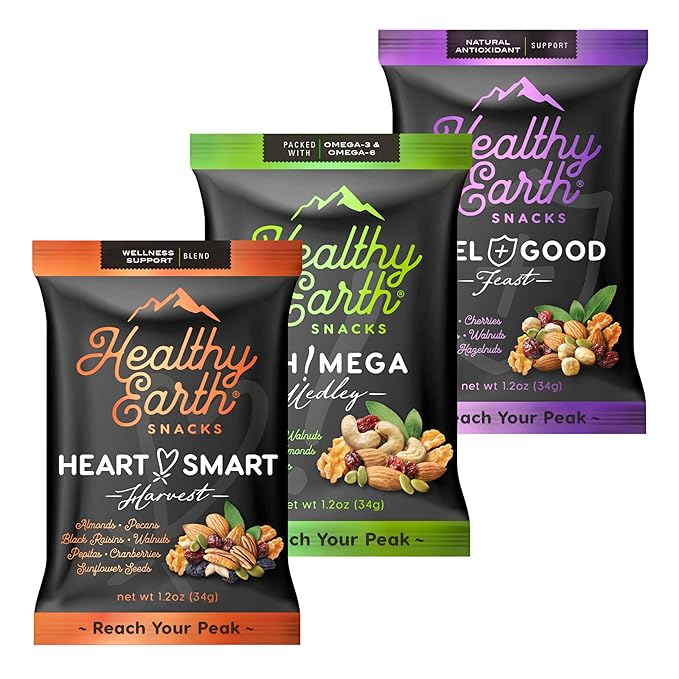 Healthy Earth Snacks 3 Flavors Variety Pack, 24 Count | Mixed Nuts & Dried Fruits Gourmet Snacks, Gluten-Free | 8 Packets Per Flavor: Heart Smart Harvest, Feel Good Feast, & Oh! Mega Medley (816g)