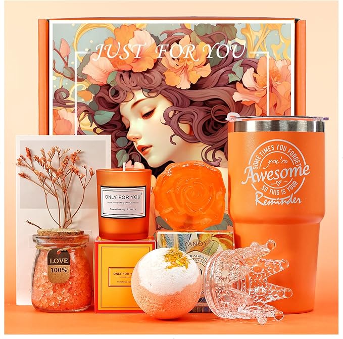 Gifts for Women Unique Spa Gifts Basket Set Birthday, Mothers Day, Valentines Day Christmas Gifts for Mom, Sister, Her, Girlfriend, Wife Bright Orange Gift Box…