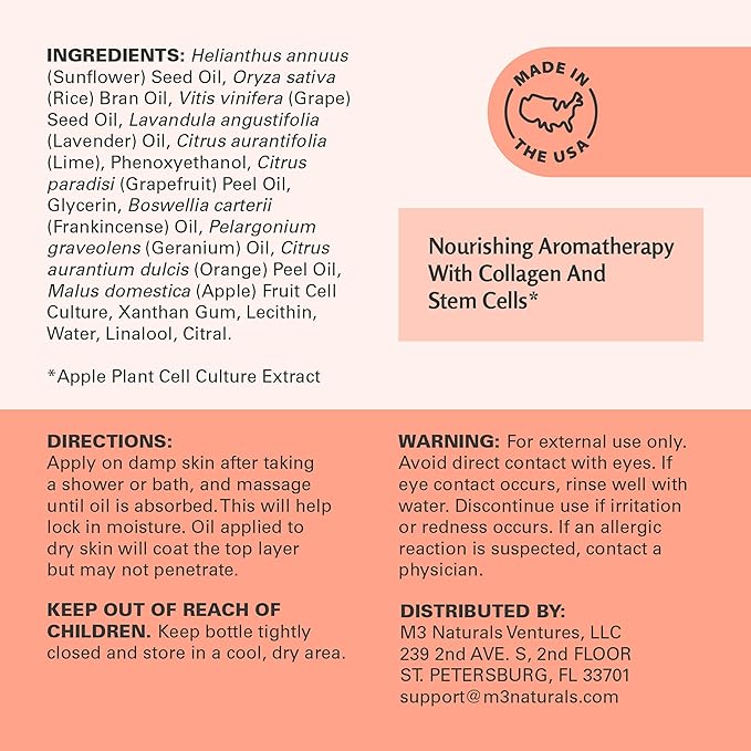 M3 Naturals Frankincense Essential Massage Oil for Scars, Stretch Marks & Fine lines, Firming, Hydrating, Smoothing & Calming Formula with Collagen, Stem Cells, Lavender & Grapefruit, 8 fl oz