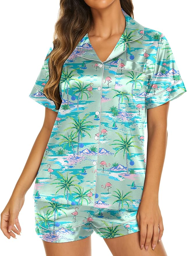 Ekouaer Silk Pajamas for Women Short Sleeve Sleepwear Soft Button Down Loungewear 2 Piece Satin Pjs Shorts Set S-XXL