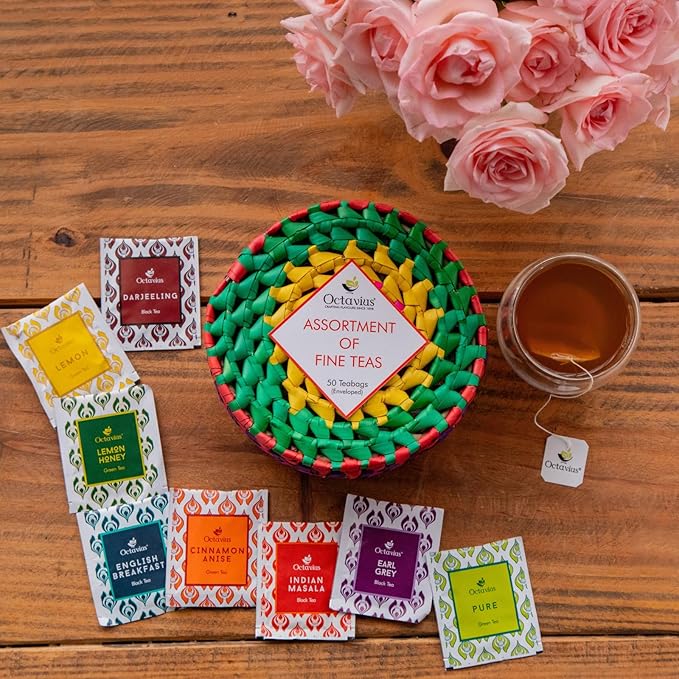 Octavius Tea Sampler Pack | 8 Assorted Black & Green Teas | 50 Teabags | Tea Sampler Variety Pack | Pack of 1