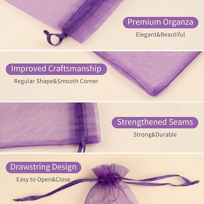 50 Pcs Purple Organza Bags 3x4 Inch, Small Mesh Bags Drawstring