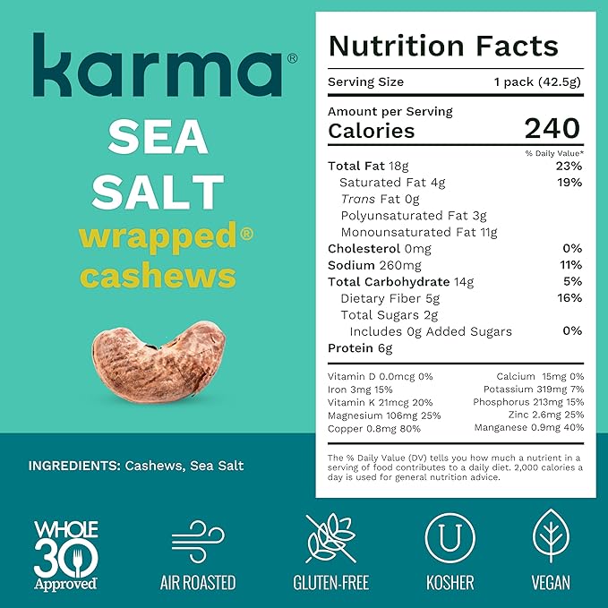 Sea Salt Cashews with Skin by Karma Nuts, Whole, Roasted, Vegan, Gluten Free, Low Net Carb, Natural, Everyday Nut Snack, 1.5 Ounce (12 Snack Packs)
