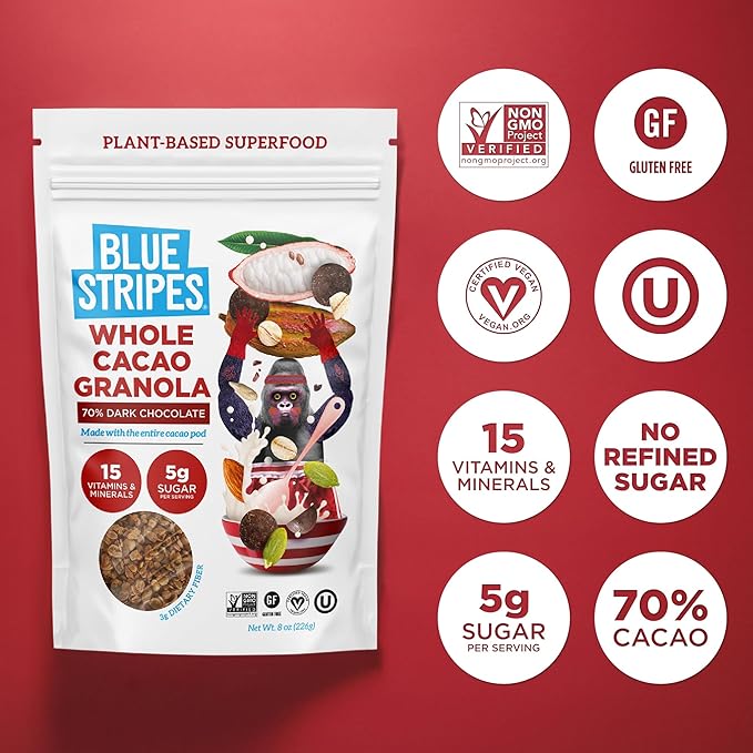 Blue Stripes Whole Cacao Granola - Gluten Free 70% Dark Chocolate Granola for Cereal, Oatmeal, Yogurt, 5g Protein Per Serving, Source of Fiber, Vegan, Low Sugar - Dark Chocolate, 8 oz Bag (2 Pack)