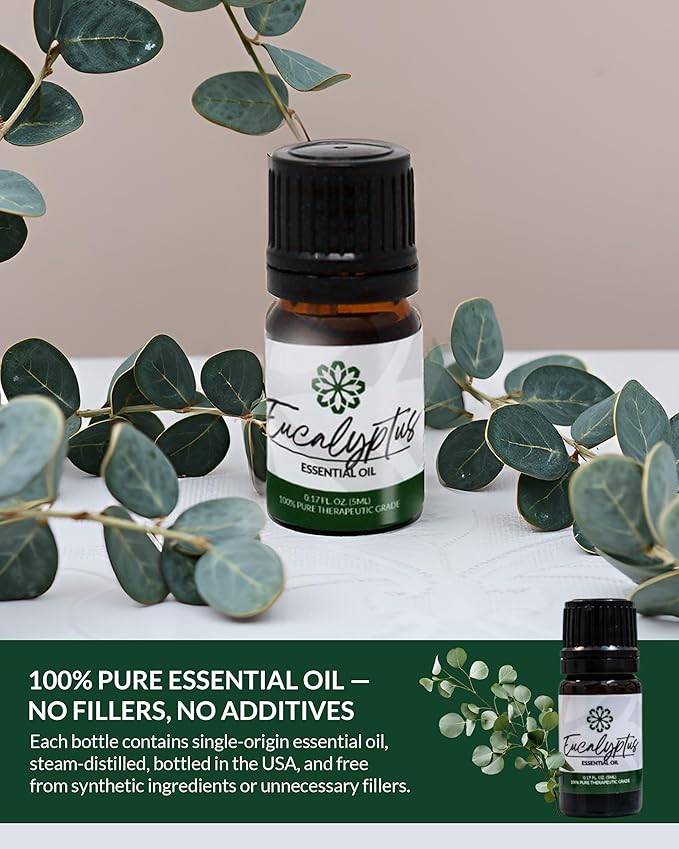 Essence Eucalyptus Essential Oil – 100% Pure & Therapeutic Grade – Perfect for Aromatherapy, Diffusers & Recharging Essence Nasal Diffuser Rings – Natural Stress & Mood Support (5mL)