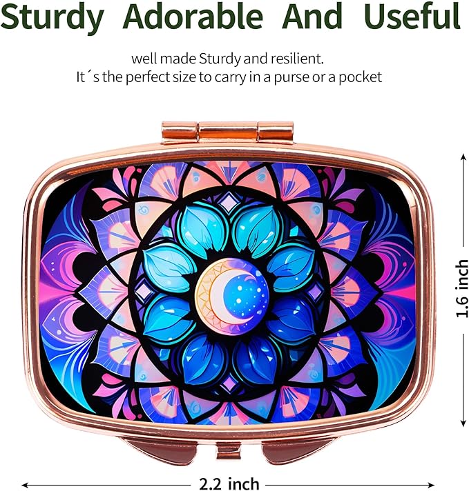 Dynippy Pill Case Pill Box with Mirror Retro Pocket 2 Compartment Medicine Case Vitamin Pill Organizer for Pocket Purse and Travel (Rose Gold-Moon Flower)