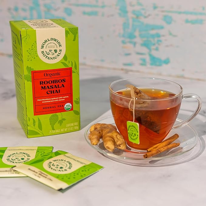 Worldwide Botanicals Rooibos Masala Chai Herbal Tea, 25 Tea Bags - Organic, Caffeine Free, Kosher, 50% More Herbs
