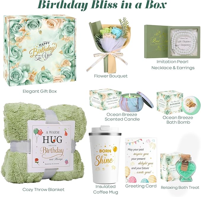 PULIDIKI Birthday Gifts for Women, Unique Birthday Gifts Basket for Women, Thoughtful Birthday Gifts for Mom, Wife, Sister, Best Friend, Her Self Care Box, Relaxing Gifts Set (Sage Green)