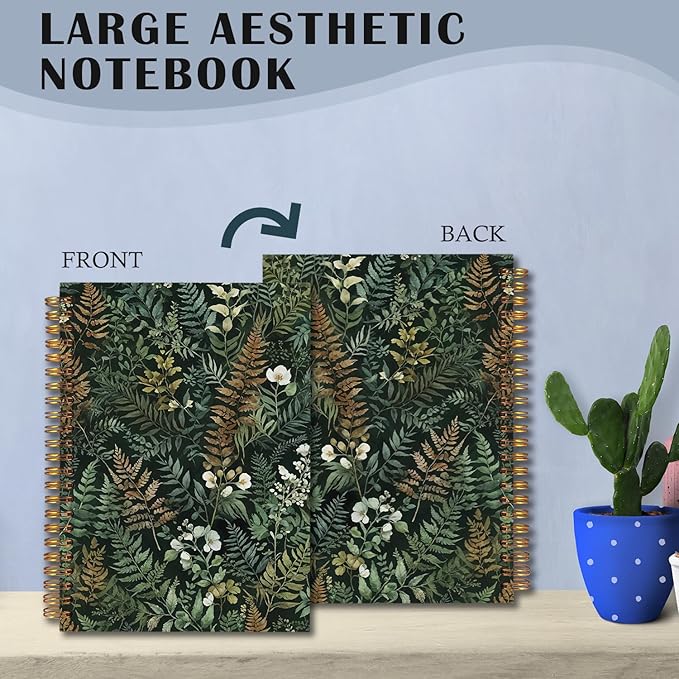 Dark Green Plants Spiral Notebooks, Botanical Journal, Fern Leaf Floral Journals for Writing, Rustic Cottagecore Flower Botanical Notebook for Note Taking, 5.5x8.3 Inch
