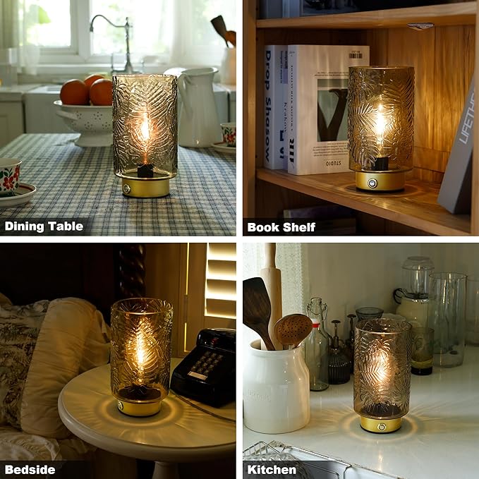 Cordless Lamps Rechargeable Battery Operated lamp,Glass Table Lamp Remote Control-Dimmable Brightness Touch Wireless Bedside Lamp for New Home Gift/Bedroom/Kitchen/Living Room Decor Amber