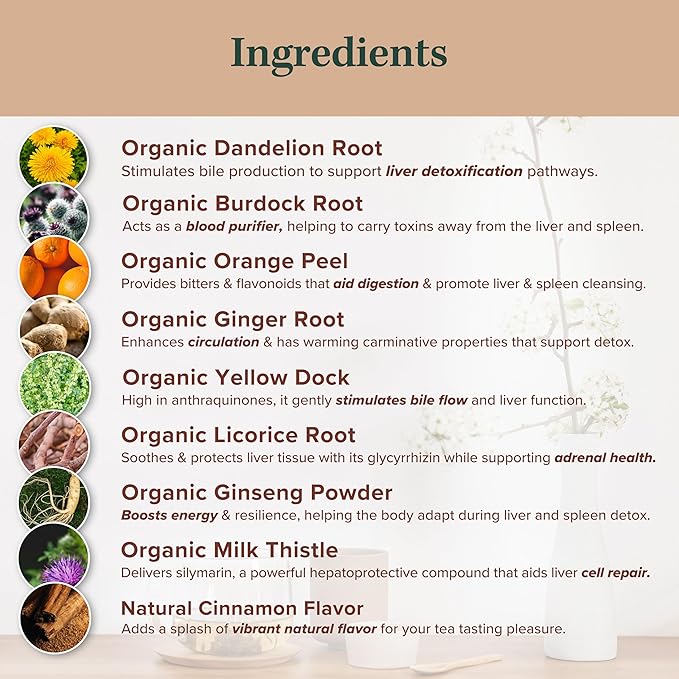 Jade Tea - Organic Liver Detox Tea & Spleen Detox Tea - Organic Dandelion Root, Burdock Root, Ginger Root & Orange Peel - Supports Liver, Gallbladder & and Spleen Health - Cinnamon Spice - Made in USA