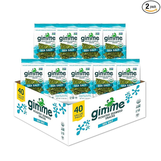 gimMe Organic Roasted Seaweed Sheets, Sea Salt, Keto, Vegan, Gluten Free, Great Source of Iodine and Omega 3’s, Healthy On-The-Go Snack for Kids & Adults, #1 Sea Salt, 0.17 Ounce (Pack of 40)