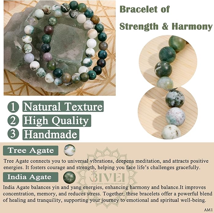 Bivei Natural Gemstone Semi Precious Healing Crystals Handmade Stretchy Round Beads Bracelet, Enhance Positive Energy