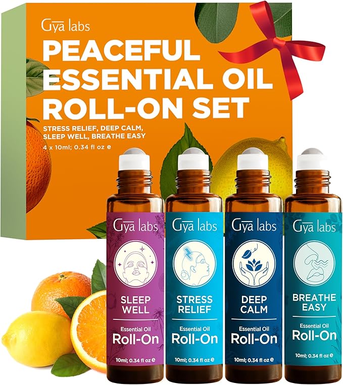 Gya Labs Peaceful Roll on Essential Oils Set - 100% Pure Natural Relaxing Gift for Women & Men - Blend for Calming, Refreshing, Stress Comfort, Aromatherapy Essential Oil Gift Set (0.34 Fl Oz Each)