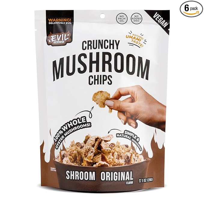 EVIL SNACKS Crunchy Mushroom Chips - SHROOM ORIGINAL Flavor, Non-GMO, Plant-Based, Vegan - Nutrient-Packed, On-the-Go Snack - 1 Oz (6 Pack)