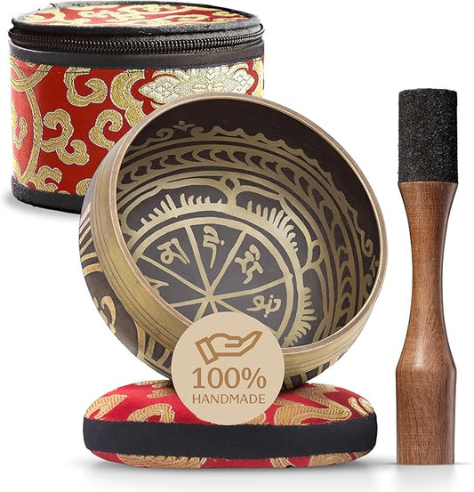 Handmade Tibetan Etched Singing Bowl Set with Case – Meditation Bowl & Sound Bowl with Cushion, Mallet & Guide – Portable Sound Therapy Tool – Sound Bath Accessories – Mindfulness Gift Ideas