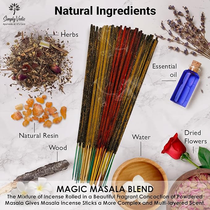 Simply Vedic Premium Incense Sticks Set of 5 Elements Earth, Water, Air, Fire, Space 2 Celestial Bodies Sun & Moon| 140 Natural Agarbatti with Burner| for Home Pooja, Meditation, Yoga, Aromatherapy