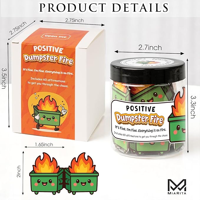 Positive Dumpster Fire Jar, Emotional Supports 60 Affirmation Cards for Women, Dumpster Fire Desk Accessories, Dumpster Fire Zen Garden, Coworker Gifts for Women, Best Gift for Boss