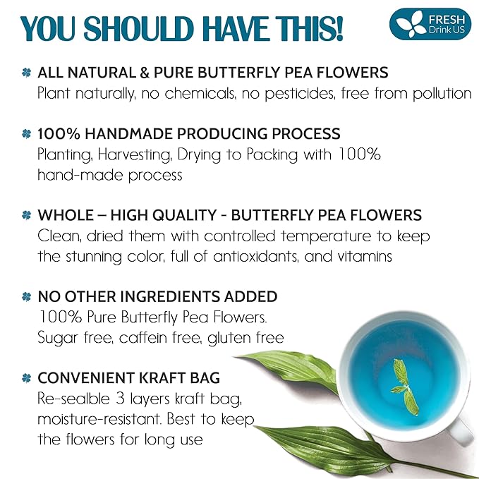 FreshDrinkUS, Premium 16oz Blue Butterfly Pea Flowers Dried – Premium Whole Flower Herbal Tea – Vibrant Blue Natural Color – Caffeine-Free Loose Flower Tea. Vegan
