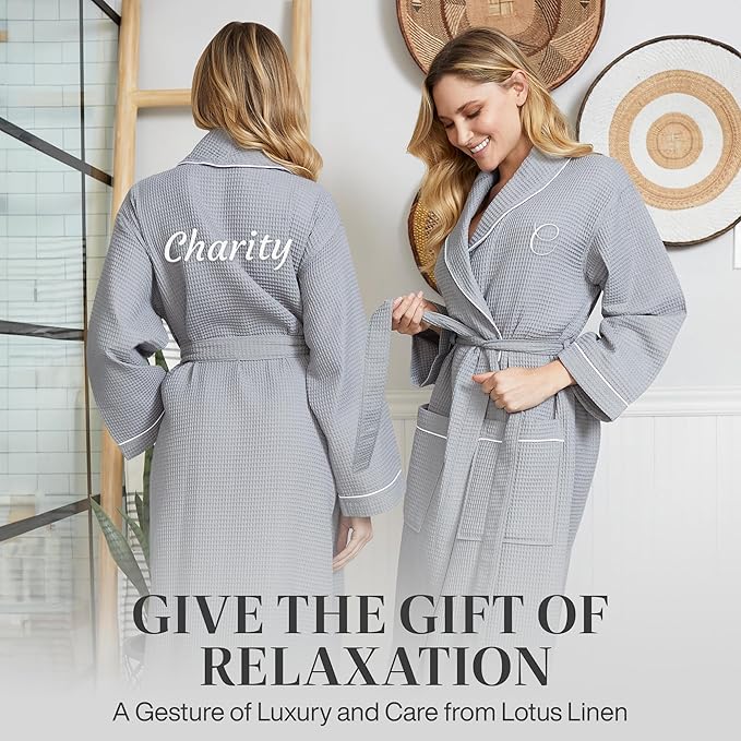Lotus Linen Waffle Robes for Women - Lightweight Cotton Kimono Bathrobe - Long Soft Spa Bath Robe