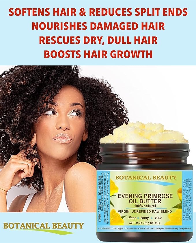 Botanical Beauty EVENING PRIMROSE OIL BUTTER Pure Natural Virgin Unrefined RAW for FACE, SKIN, BODY, DAMAGED HAIR, NAILS. (8 Fl Oz)