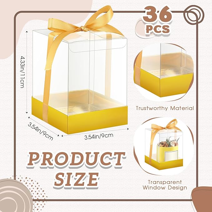 Cunno 36 Set 3. 5 x 3. 5 x 4. 3 in Transparent Candle Gift Box Packaging Box 4-18 oz Handmade Tealight Candle Holders Bulk Paper Bottom Cover with Ribbon for Wedding Baby Shower Party(Gold)