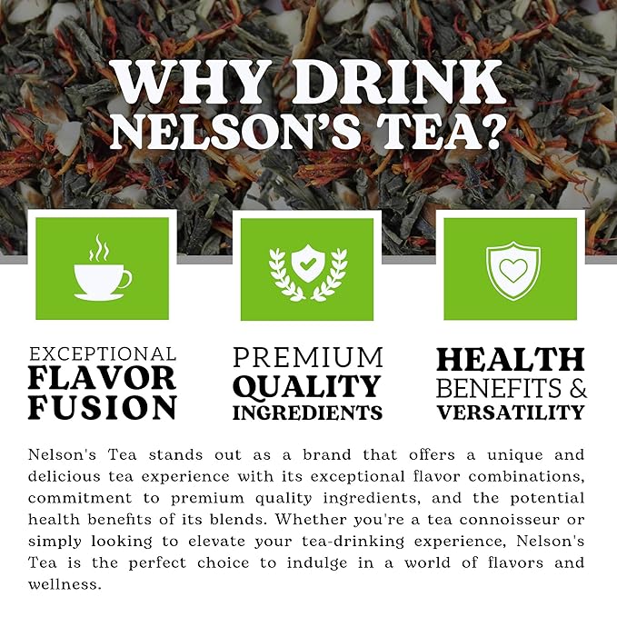 Nelson's Tea Almond Amaretto - Herbal Green Loose Leaf Tea, Curated Blend with Sencha Green Tea, almonds, Dried Cherries, and Safflower - Perfect for Bedtime Brew (16 oz)
