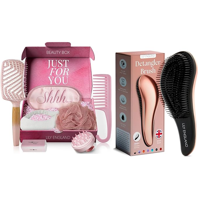 7-Piece Spa Beauty Set with Rose Gold Detangler Brush – Complete Self-Care and Hair Care Bundle for Relaxation and Tangle-Free Styling