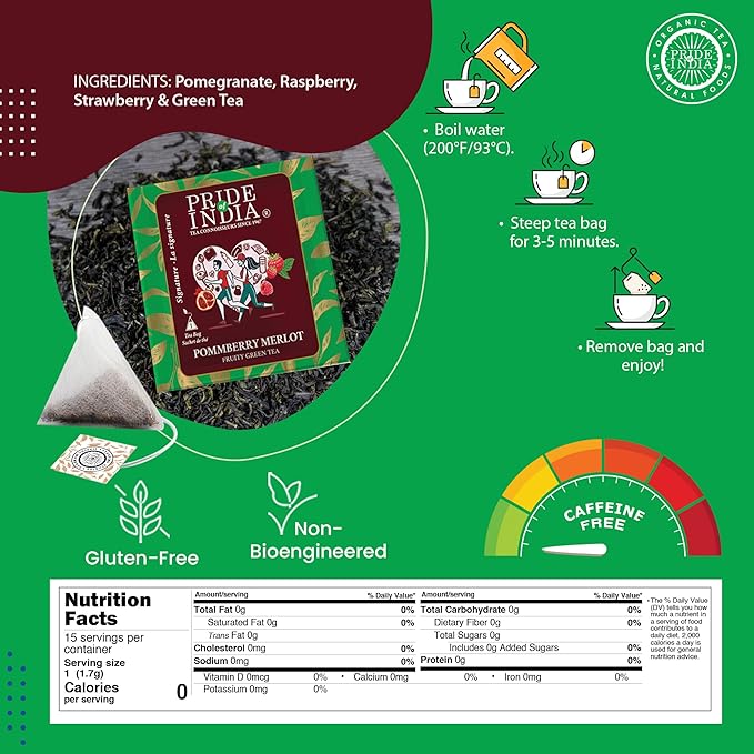 Pride of India | PommBerry Merlot Fruity Green Tea | 15 Pyramid Full Leaf Individually Wrapped Tea Bags | Tangy & Fruity Flavor | Vibrant & Uplifting Experience | Caffeine Free, Non-Bioengineered
