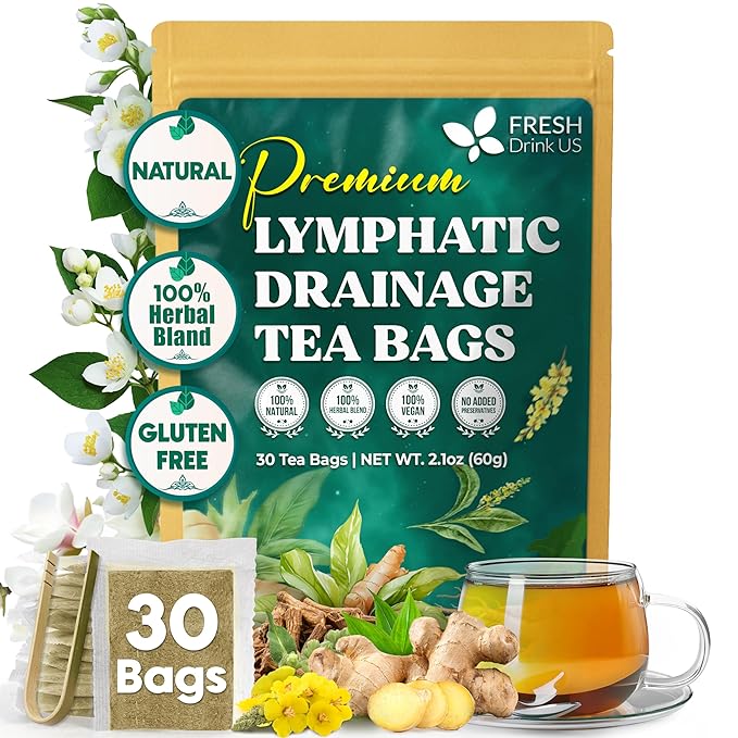 FreshDrinkUS, Lymphatic Drainage Tea | 30 Tea Bags | Herbal Tea Bags with Ginger, Dandelion Root, Burdock Root, Mullein, Calendula, Lemongrass, Rose, Licorice & Tulsi – Caffeine-Free Herbal Blend