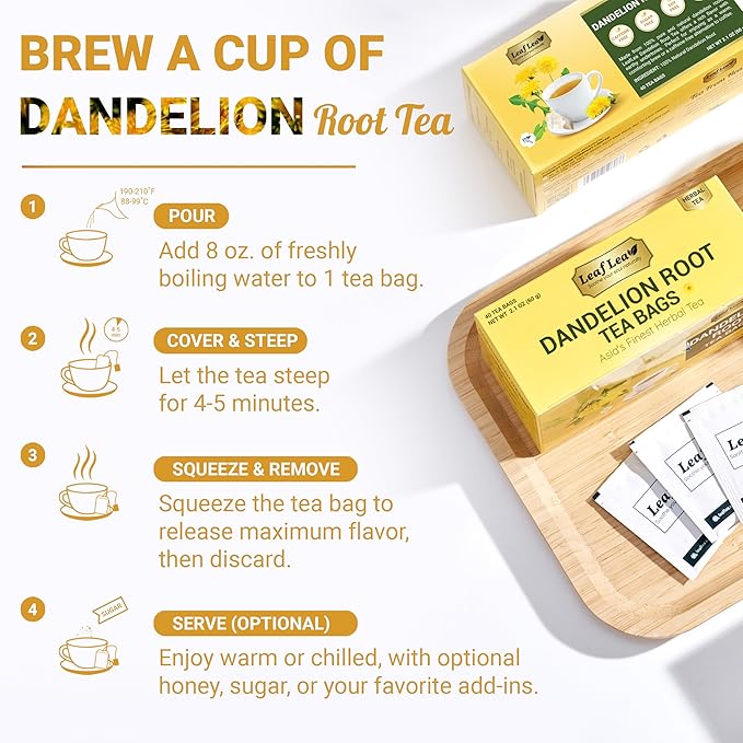 LeafLea Dandelion Root Tea Bags, 160 Dandelion Tea Bags Promotes Healthy Digestion & Immune Function, Herbal Tea from Pure Roasted Dandelion Root, Caffeine-Free, Vegan, Gluten-Free, No Sugar, 4 Pack