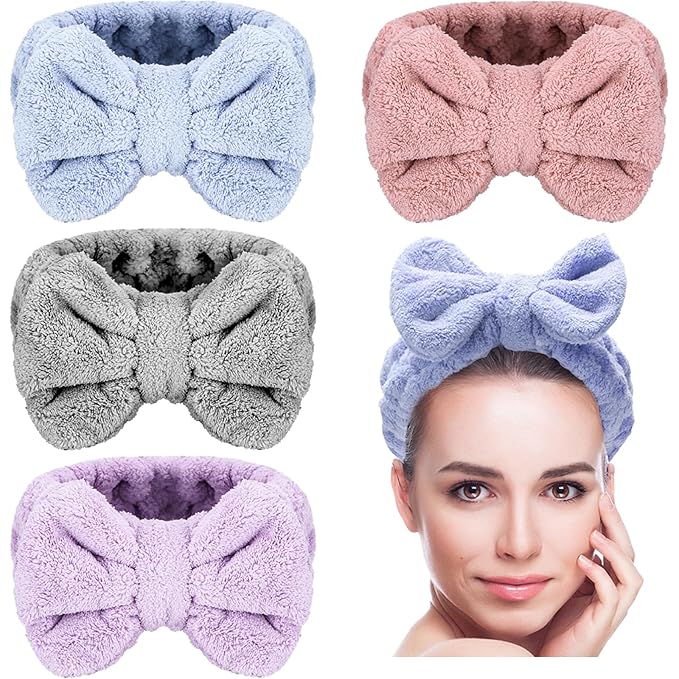 4 Pack Makeup Spa Headband Microfiber Bow Towel Soft Fluffy Washing Face Headband for Women Girls Shower Bath Skincare (Pink, Light Blue, Purple, Gray)