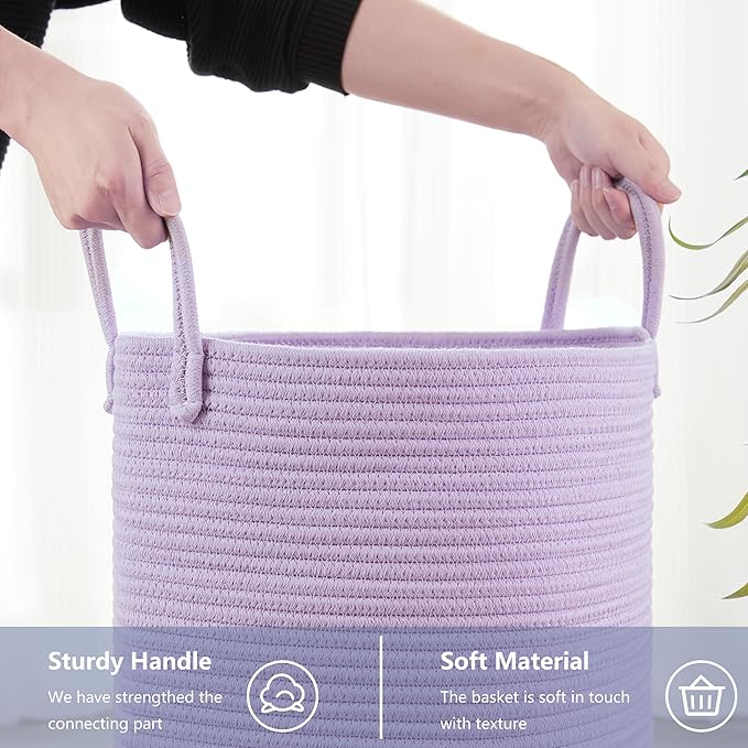 80L Extra Large Purple Hamper Laundry Basket for Nursery Kids16Dx22H inches Tall Lavender Blanket Basket for Girls Cotton Rope Lilac Clothes Hamper in Bedroom