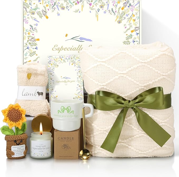 Get Well Gifts for Women Care Package - Surgery Recovery & Chemo Comfort Box, Feel Better Basket for Her After Miscarriage or Illness,Surgery Cancer, Encouraging Self-Care Gift(Green White)